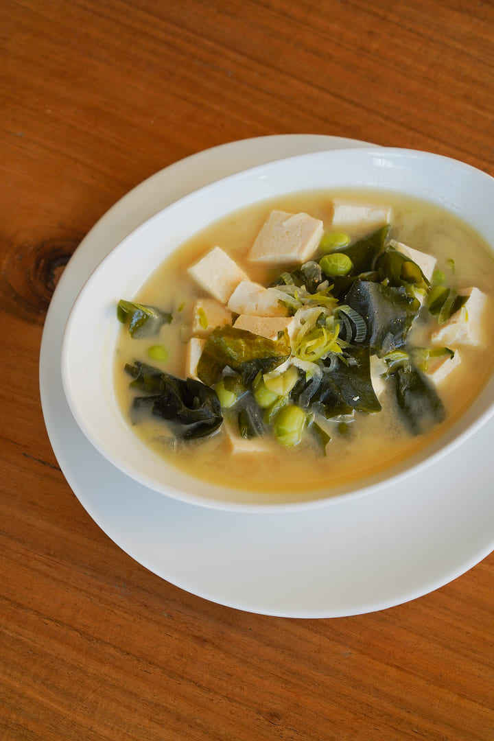 Miso broth with tofu and wakame seaweed at Maji Kitchen